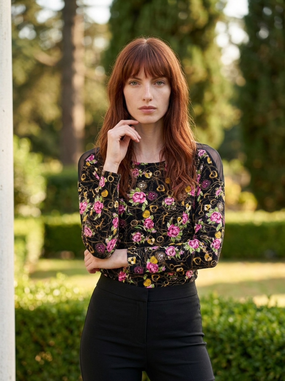 Betsey Johnson Black Long-Sleeve Top with Pink Floral & Gold Accents